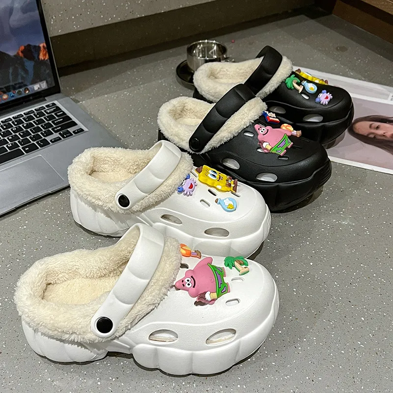 DTUTU Platform Squashy And Bouncy Feeling Comfortable Fleece Lined Warm Cotton Slippers Closed Toe Slippers Home Clogs-3