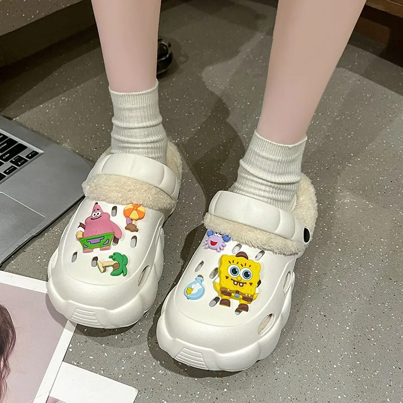DTUTU Platform Squashy And Bouncy Feeling Comfortable Fleece Lined Warm Cotton Slippers Closed Toe Slippers Home Clogs-2