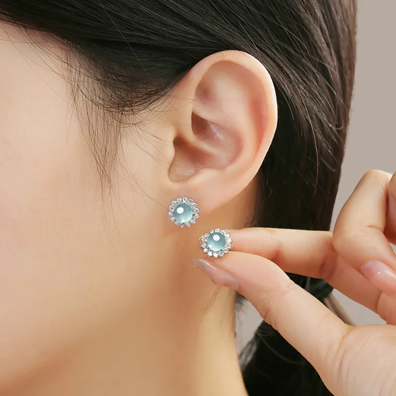 Purple Muli Ice Glutinous Blue Water Jadeite Stud Earrings Women's-4