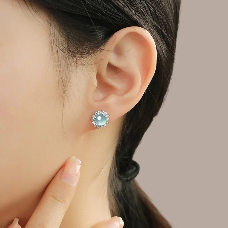 Purple Muli Ice Glutinous Blue Water Jadeite Stud Earrings Women's-5