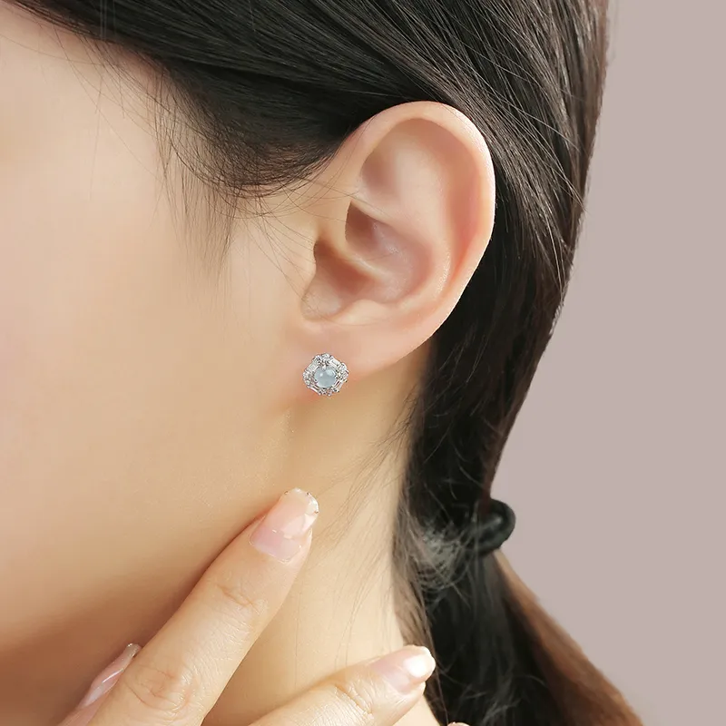 Purple Muli Ice Glutinous Blue Water Jadeite Stud Earrings Women's-7