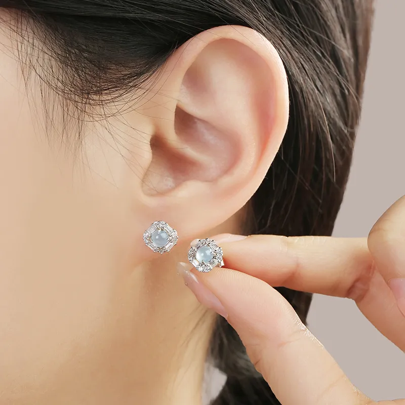 Purple Muli Ice Glutinous Blue Water Jadeite Stud Earrings Women's-8