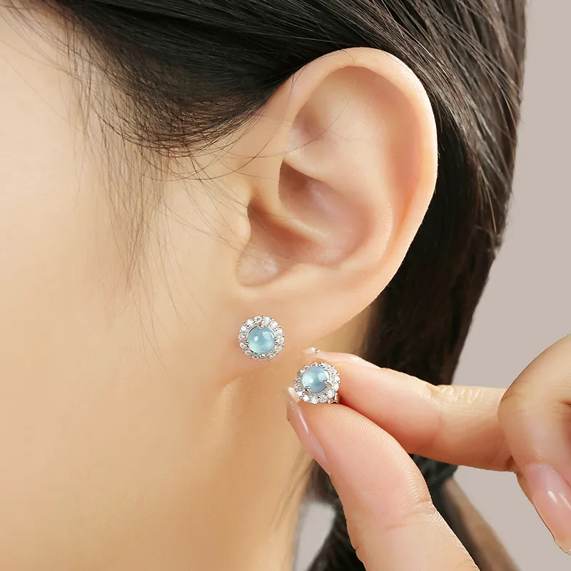 Purple Muli Ice Glutinous Blue Water Jadeite Stud Earrings Women's-2