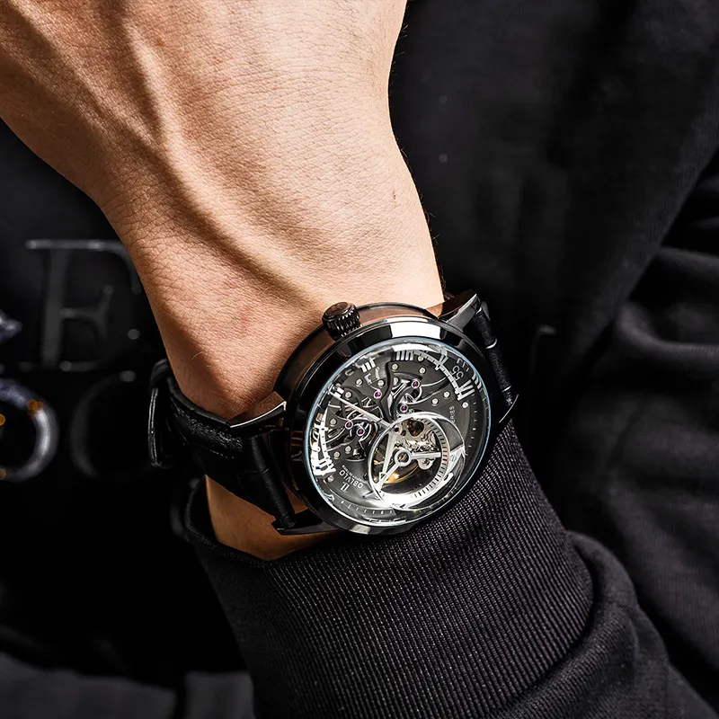 OBLVLO Automatic Mechanical Movement Genuine Leather Strap Watch Men's Watches Black Dial-41