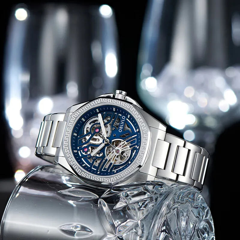 OBLVLO Automatic Mechanical Movement Stainless Steel Strap Chinese Watches Men's Watches Blue Dial-1