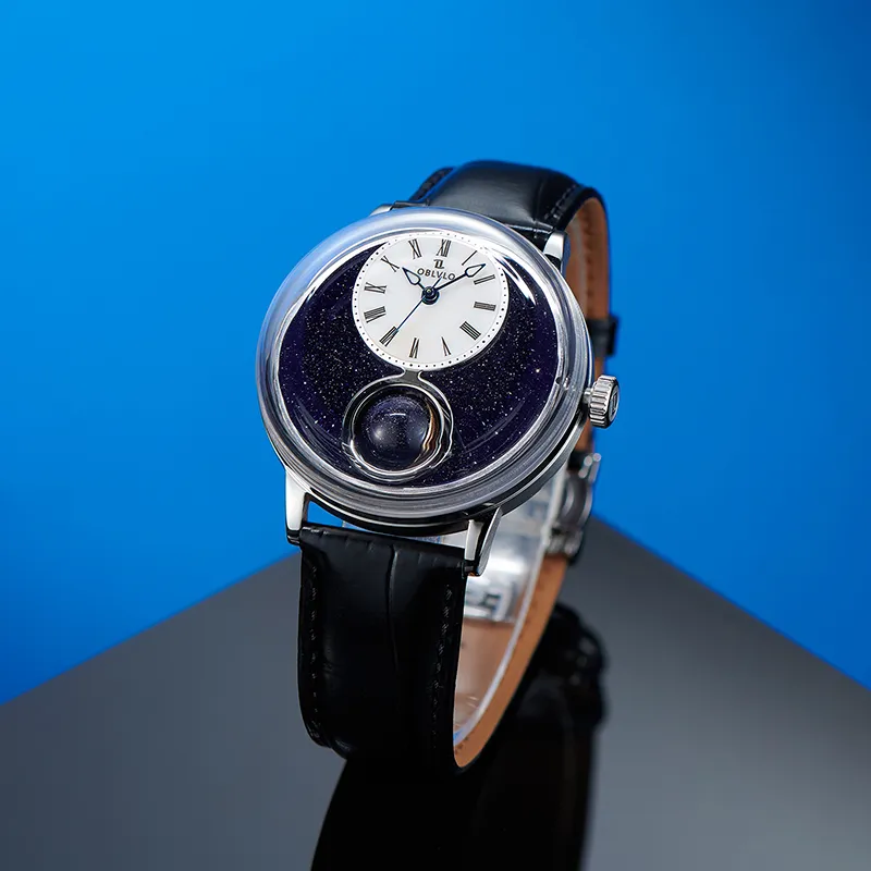 OBLVLO Automatic Mechanical Movement Cowhide Strap Men's Watches Blue Dial-5