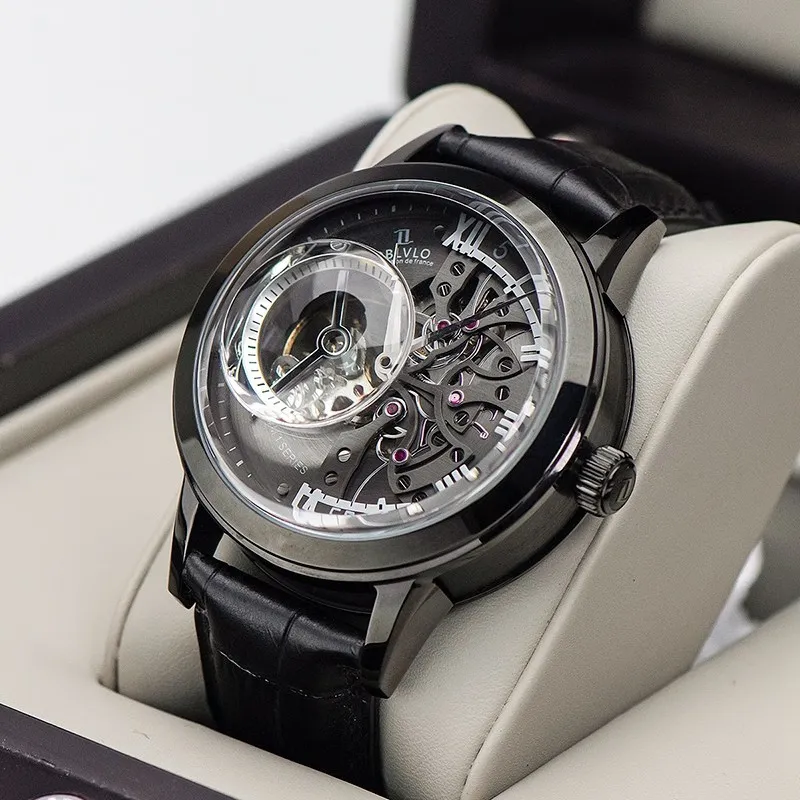 OBLVLO Automatic Mechanical Movement Genuine Leather Strap Watch Men's Watches Black Dial-39