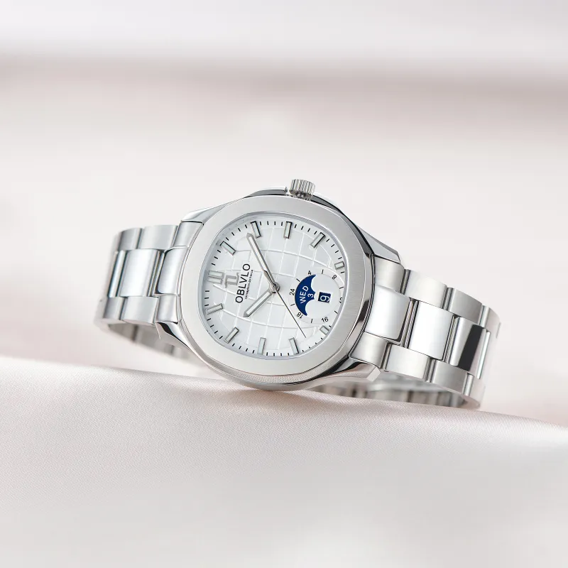 OBLVLO Automatic Mechanical Movement Stainless Steel Watchband Watch Men's Watches White Dial-10