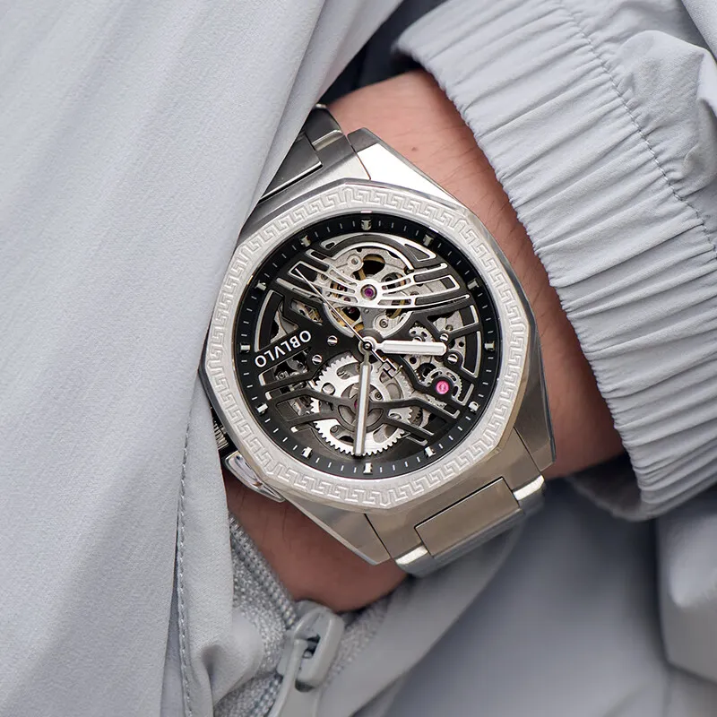 OBLVLO Automatic Mechanical Movement Stainless Steel Strap Chinese Watches Men's Watches Blue Dial-10