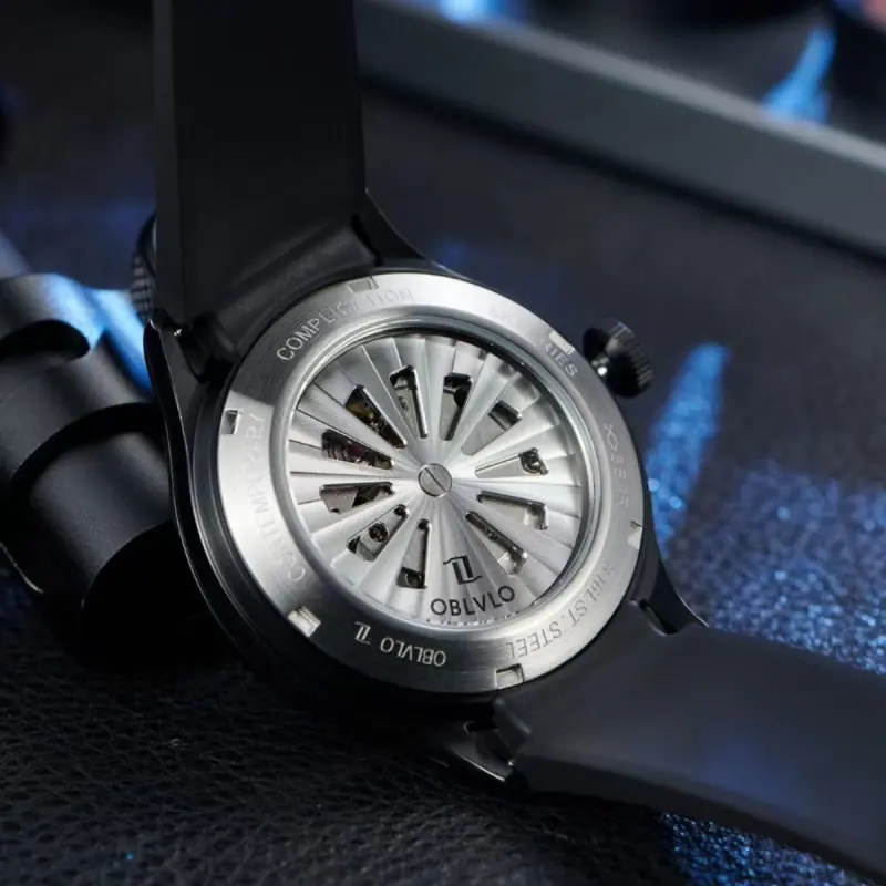 OBLVLO Solar Collection Automatic Mechanical Movement Rubber Strap Men's Watches Black Dial-4