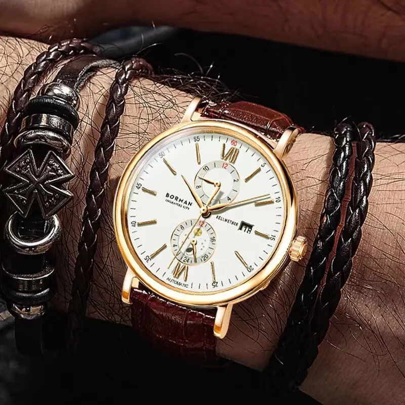 BORMAN Automatic Mechanical Movement Cowhide Strap Watch Men's Watches White Dial-1