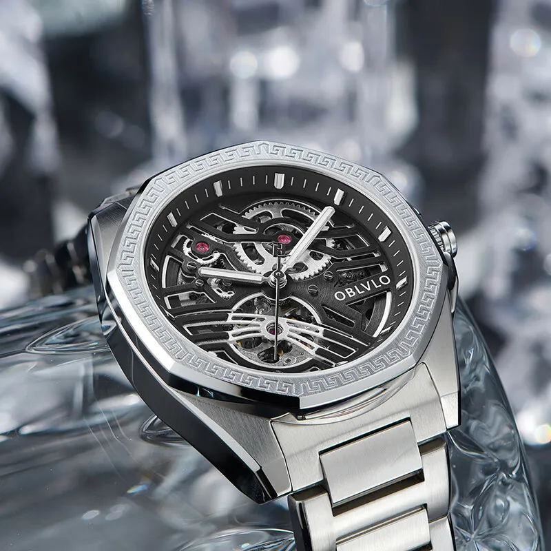 OBLVLO Automatic Mechanical Movement Stainless Steel Strap Chinese Watches Men's Watches Blue Dial-9