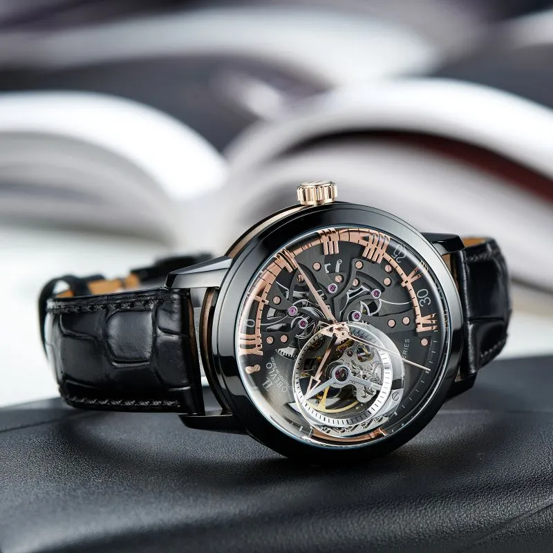 OBLVLO Automatic Mechanical Movement Genuine Leather Strap Watch Men's Watches Black Dial-4