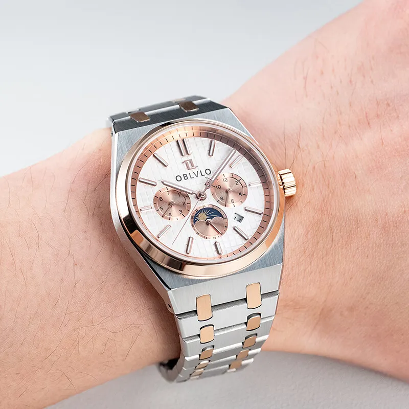 OBLVLO Automatic Mechanical Movement Steel Strap Men's Watches White Dial-2