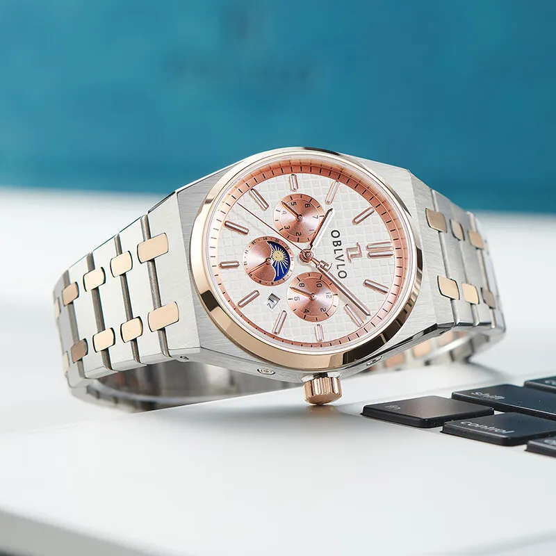 OBLVLO Automatic Mechanical Movement Steel Strap Men's Watches White Dial-3