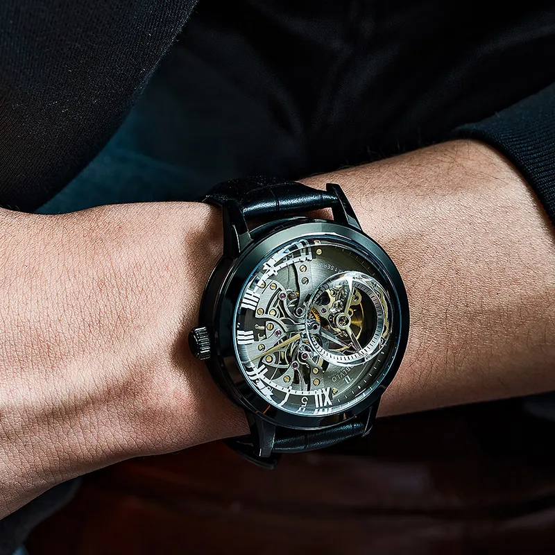 OBLVLO Automatic Mechanical Movement Genuine Leather Strap Watch Men's Watches Black Dial-40