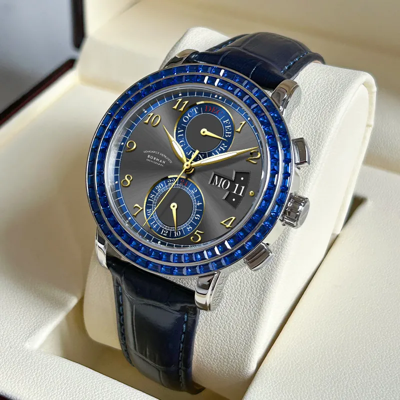 BORMAN Automatic Mechanical Movement Cow Leather Strap Watch Men's Watches Black Dial-7