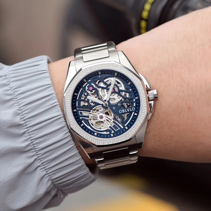 OBLVLO Automatic Mechanical Movement Stainless Steel Strap Chinese Watches Men's Watches Blue Dial-4