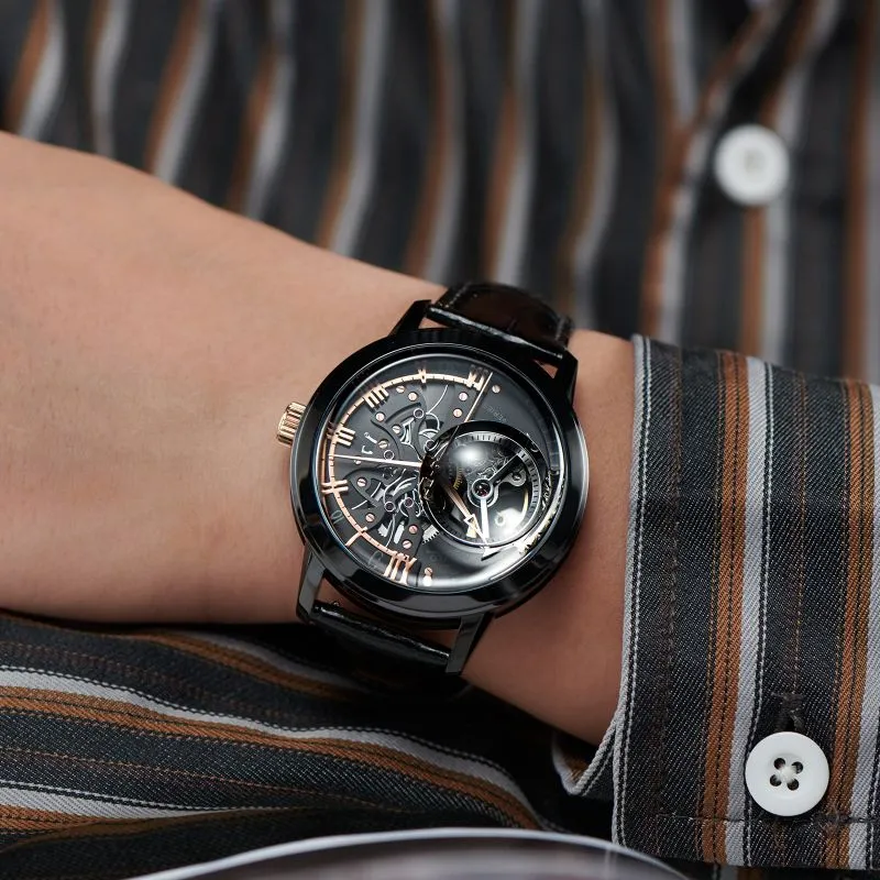 OBLVLO Automatic Mechanical Movement Genuine Leather Strap Watch Men's Watches Black Dial-7