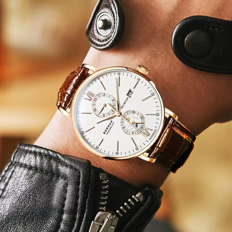 BORMAN Automatic Mechanical Movement Cowhide Strap Watch Men's Watches White Dial-2