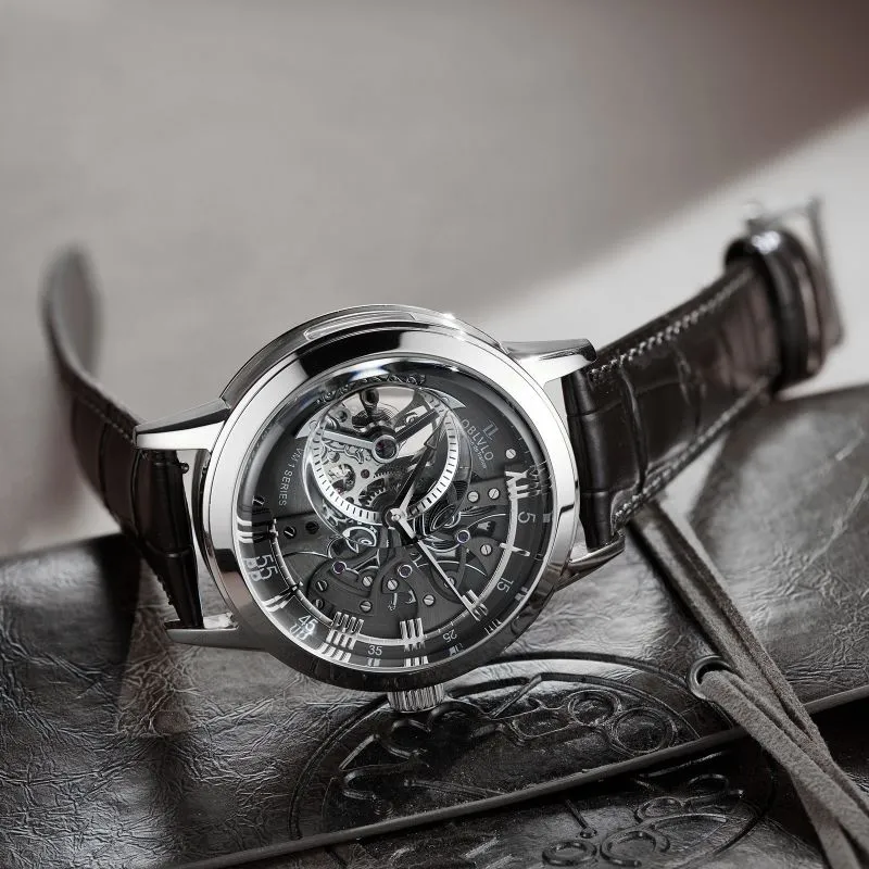 OBLVLO Automatic Mechanical Movement Genuine Leather Strap Watch Men's Watches Black Dial-26