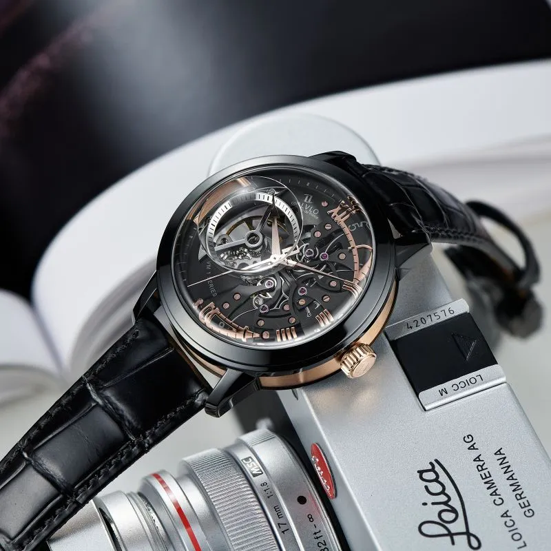 OBLVLO Automatic Mechanical Movement Genuine Leather Strap Watch Men's Watches Black Dial-5