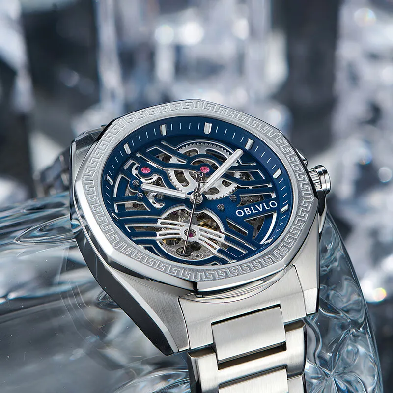 OBLVLO Automatic Mechanical Movement Stainless Steel Strap Chinese Watches Men's Watches Blue Dial-2