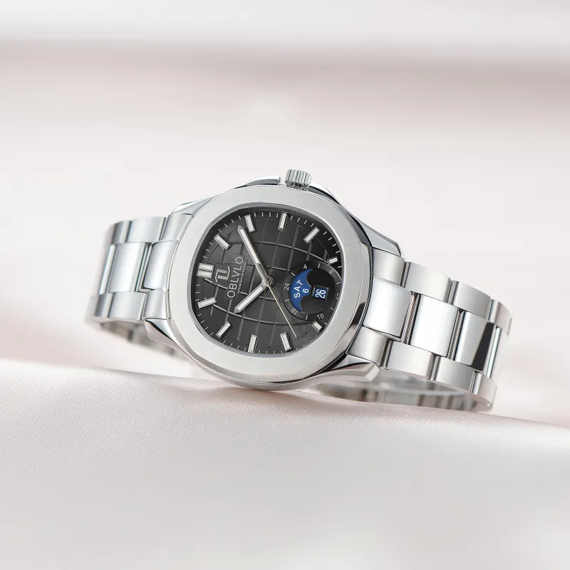 OBLVLO Automatic Mechanical Movement Stainless Steel Watchband Watch Men's Watches White Dial-6