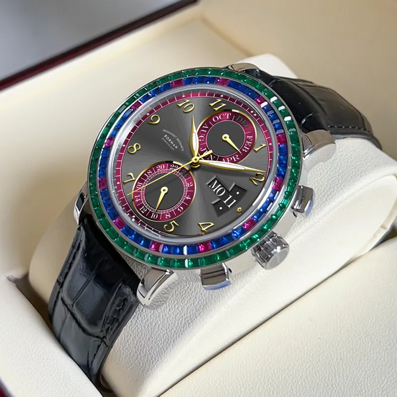 BORMAN Automatic Mechanical Movement Cow Leather Strap Watch Men's Watches Black Dial-5