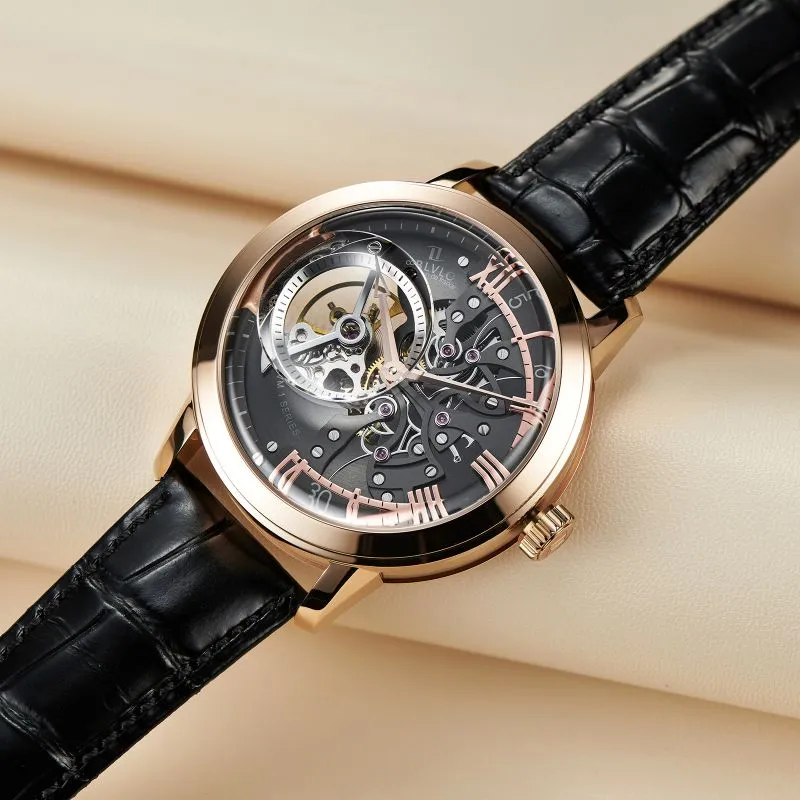 OBLVLO Automatic Mechanical Movement Genuine Leather Strap Watch Men's Watches Black Dial-32