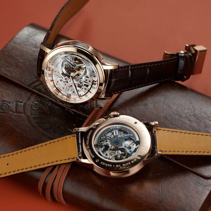 OBLVLO Automatic Mechanical Movement Genuine Leather Strap Watch Men's Watches Black Dial-12