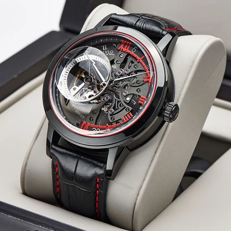 OBLVLO Automatic Mechanical Movement Genuine Leather Strap Watch Men's Watches Black Dial-43