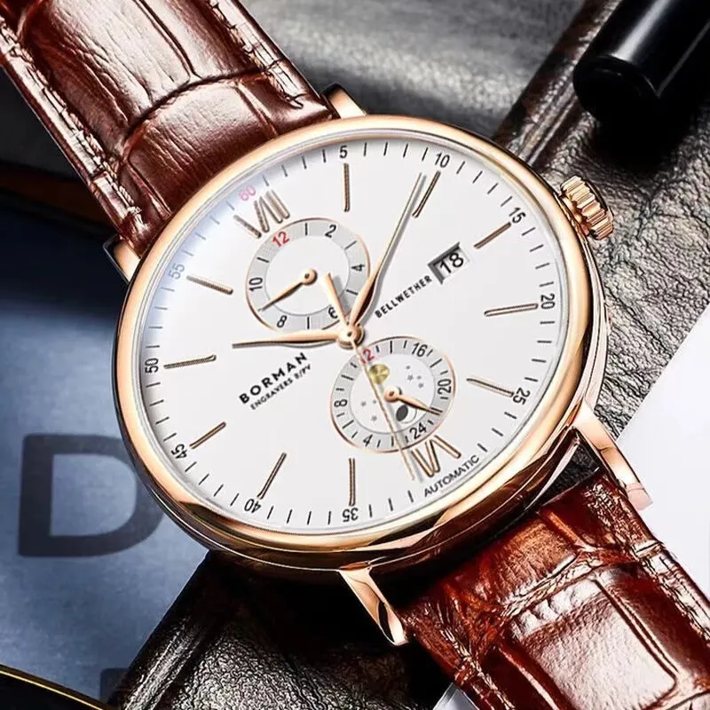BORMAN Automatic Mechanical Movement Cowhide Strap Watch Men's Watches White Dial-3