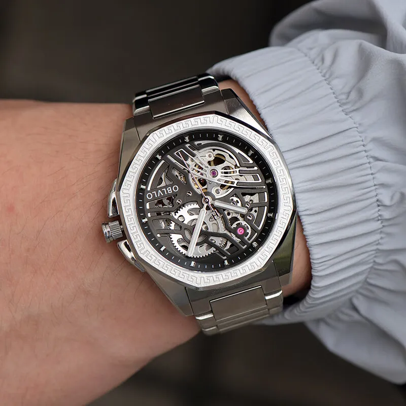 OBLVLO Automatic Mechanical Movement Stainless Steel Strap Chinese Watches Men's Watches Blue Dial-11