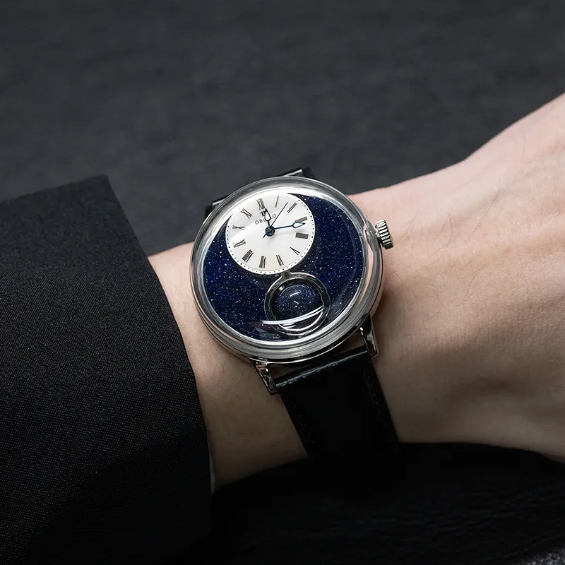 OBLVLO Automatic Mechanical Movement Cowhide Strap Men's Watches Blue Dial-2