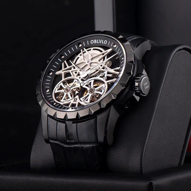 OBLVLO Automatic Mechanical Movement Cowhide Strap Watch Unisex Silver Dial-3