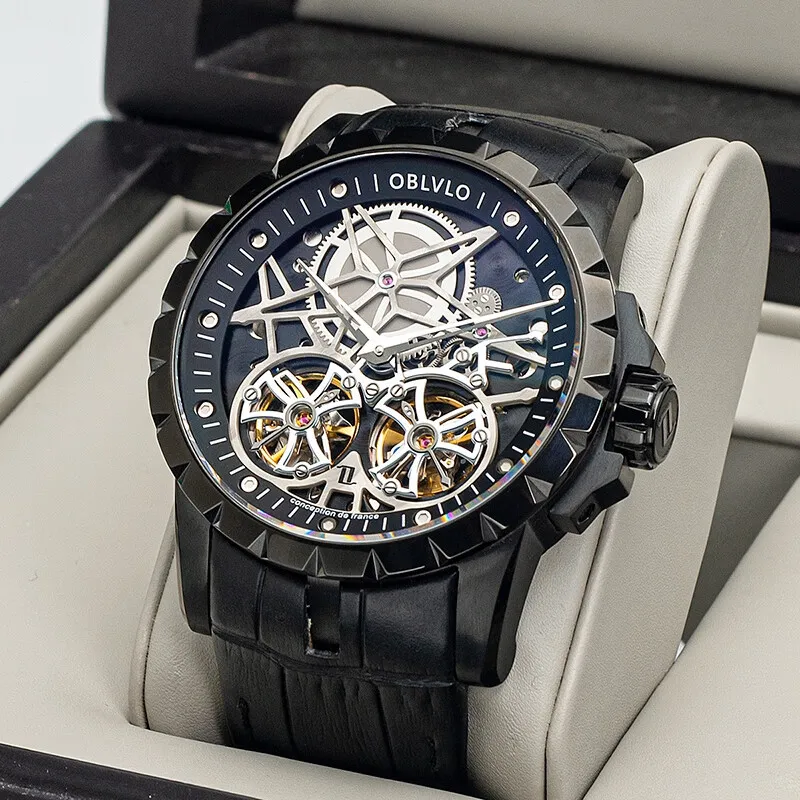 OBLVLO Automatic Mechanical Movement Cowhide Strap Watch Unisex Silver Dial-1