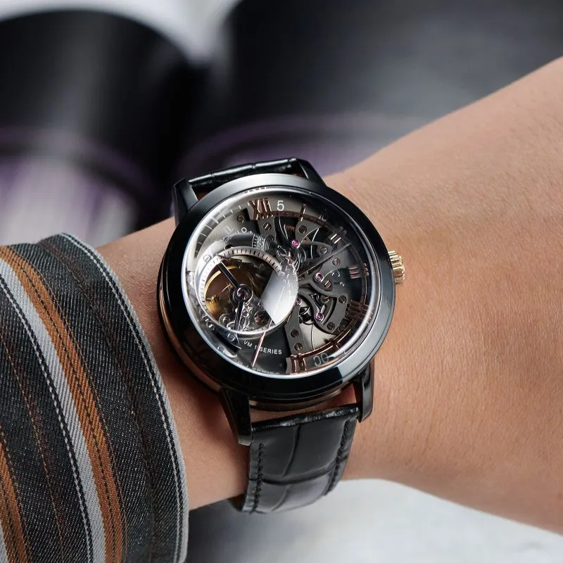OBLVLO Automatic Mechanical Movement Genuine Leather Strap Watch Men's Watches Black Dial-6