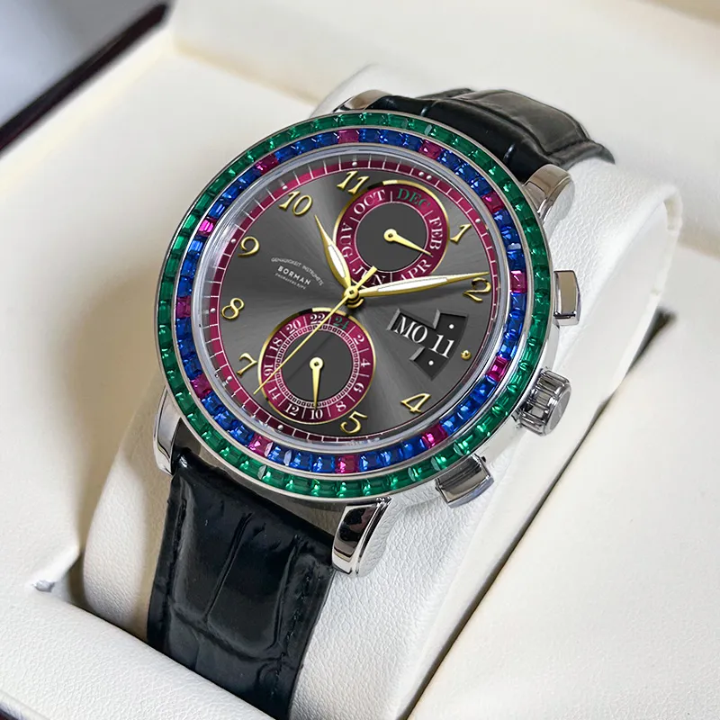 BORMAN Automatic Mechanical Movement Cow Leather Strap Watch Men's Watches Black Dial-4