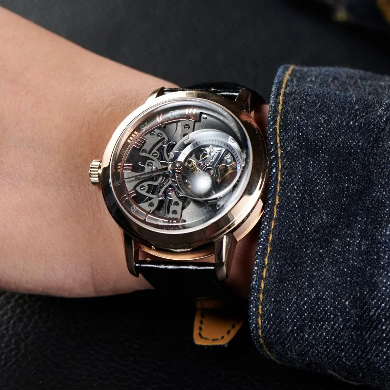 OBLVLO Automatic Mechanical Movement Genuine Leather Strap Watch Men's Watches Black Dial-33