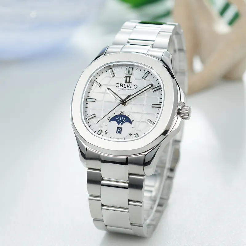 OBLVLO Automatic Mechanical Movement Stainless Steel Watchband Watch Men's Watches White Dial-13
