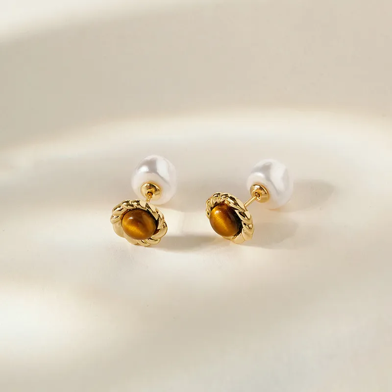 Amber Lollipop Caramel Coffee Series Tiger's Eye Stone S925 Sterling Silver Stud Earrings Women's-5