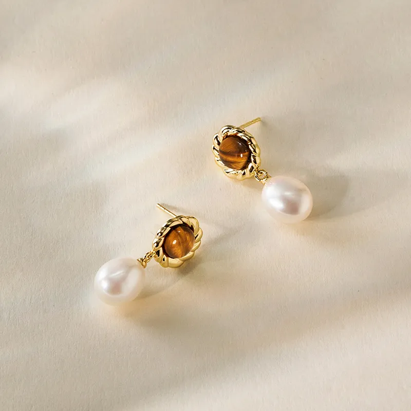 Amber Lollipop Tiger's Eye Stone Earrings Women's-4