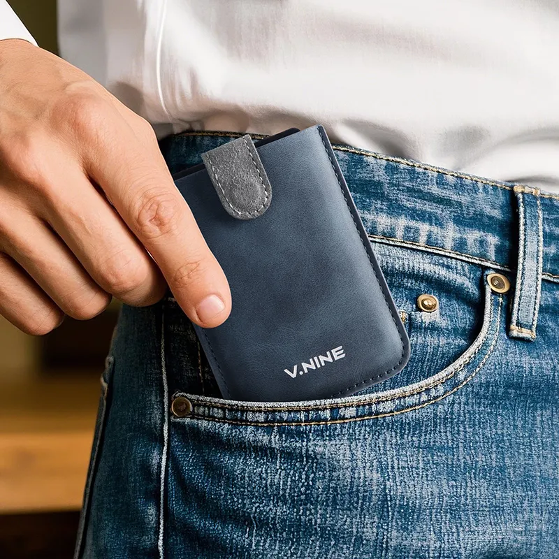 V.NINE Synthetic Leather Card Holder Men's Obsidian Black/Gray Blue/Light Brown-11