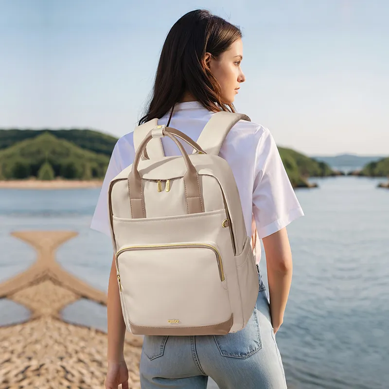 V.NINE Fabric Backpack Laptop Bag Backpack Large Size Unisex Apricot/Black-7