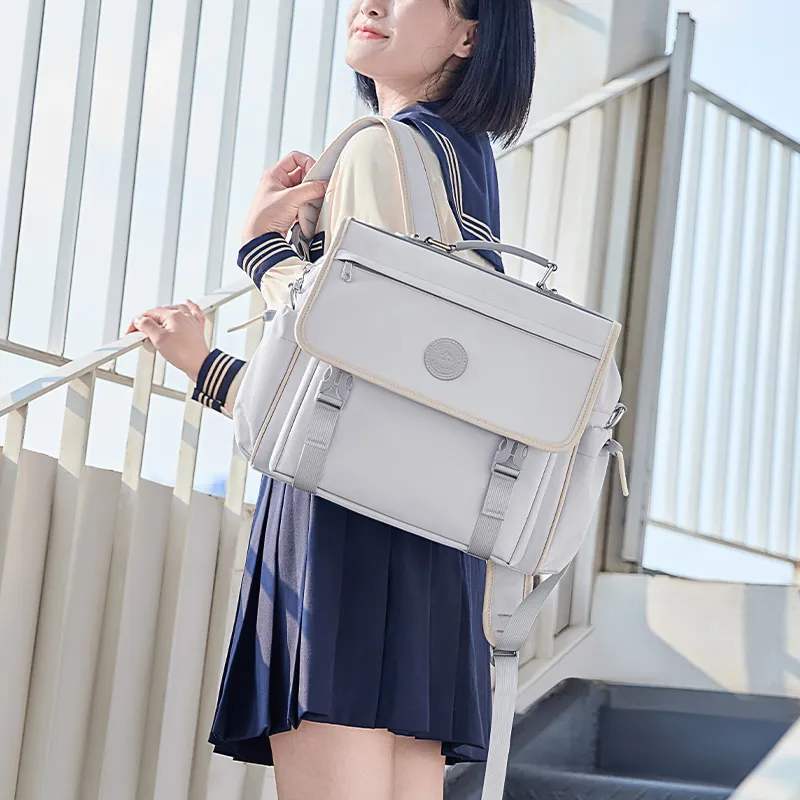 V.NINE Fabric With Synthetic Leather Backpack Large Size Unisex Dusty Gray/Classic Black-4