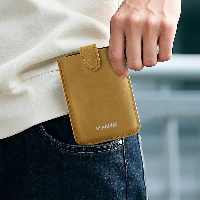 V.NINE Synthetic Leather Card Holder Men's Obsidian Black/Gray Blue/Light Brown-17