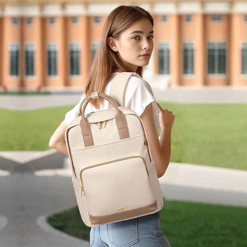 V.NINE Fabric Backpack Laptop Bag Backpack Large Size Unisex Apricot/Black-6