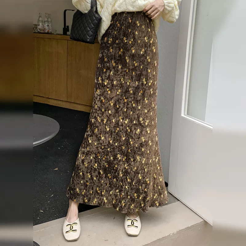 Wbwq Casual Long Skirts Women's Brown Base Floral-6
