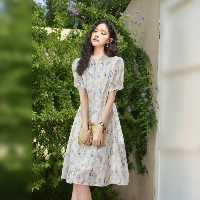 Wbwq Short-Sleeved Dresses Women's Blue Floral-1